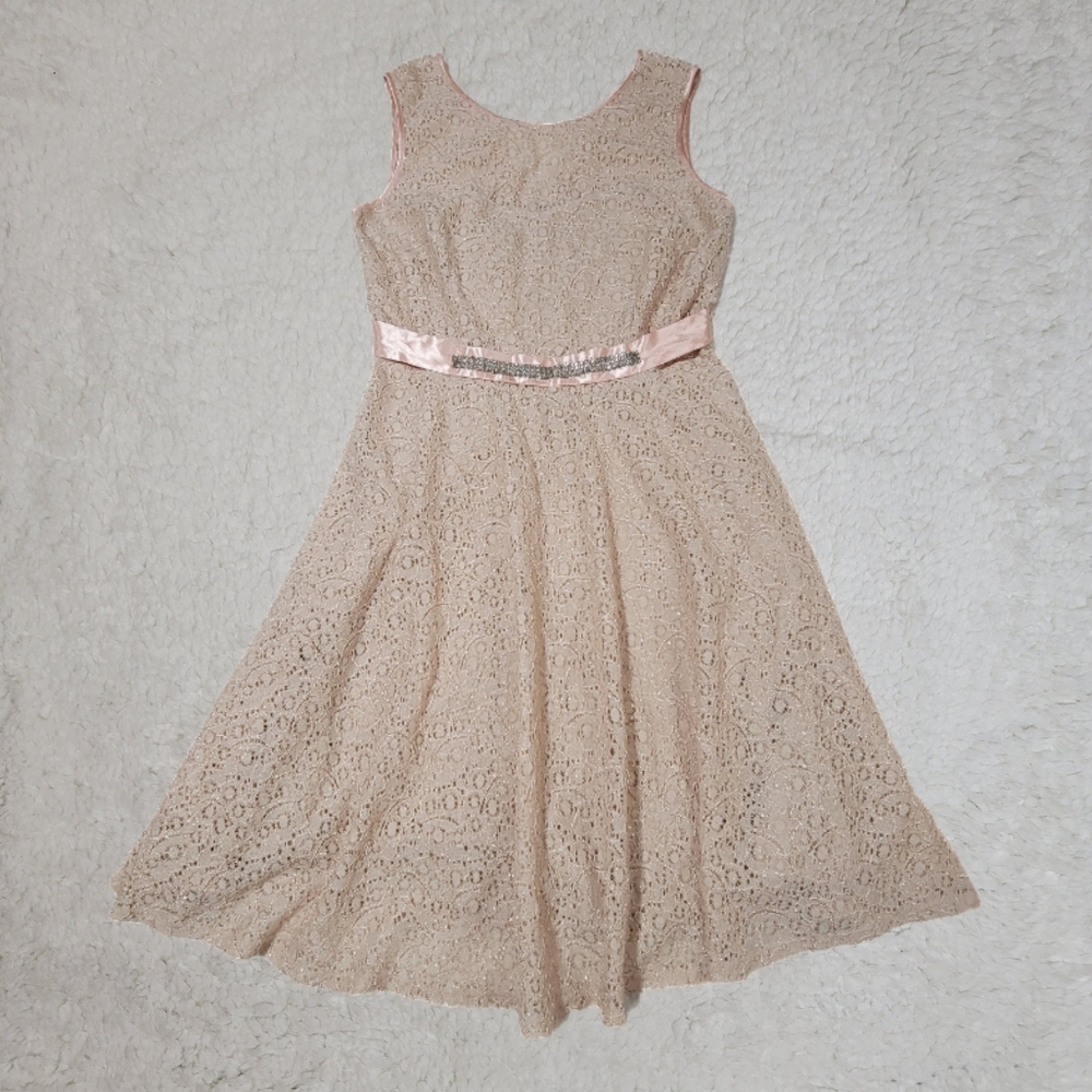 Studio One Sz 6 Nude Blush Bow Belt A-Line Glitter Lace Prom Brridal Dress Gown